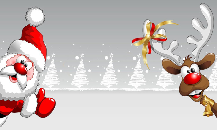 cartoon santa and reindeer with white christmas trees
