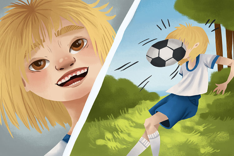Cartoon split image of a child getting hit in the face with a soccer ball in one frame and sporting two chipped teeth in the next