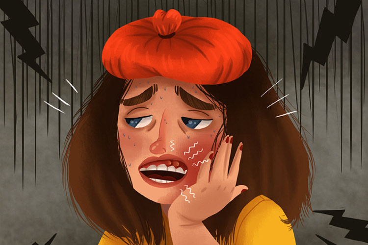Cartoon image of a brunette haired girl with a red hot water bottle on her head and an uncomfortable look on her face, holding her hand to her jaw for toothache pain