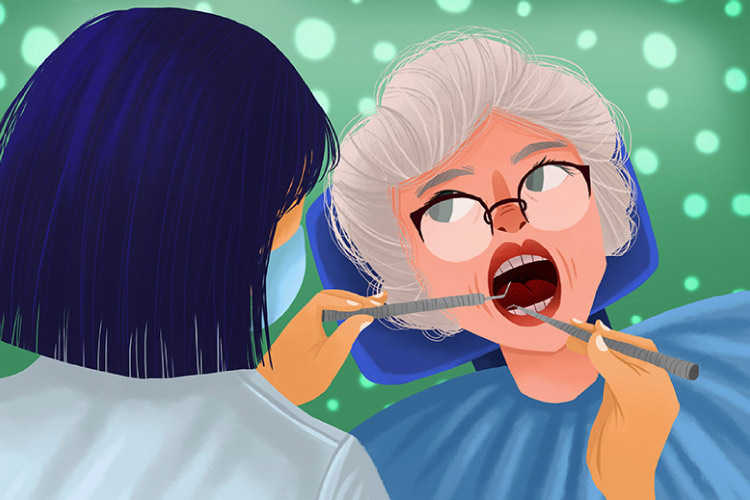Cartoon of an elderly gray haired lady in the dental chair with a dentist cleaning her teeth