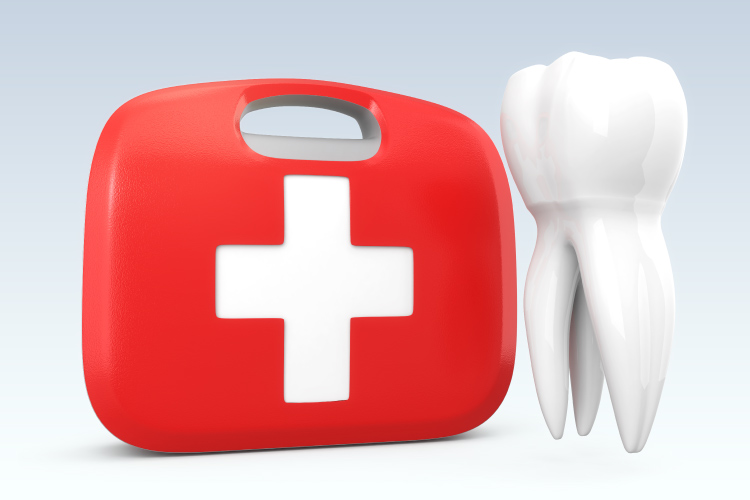 Graphic with first aid kit & a tooth indicating a dental emergency 