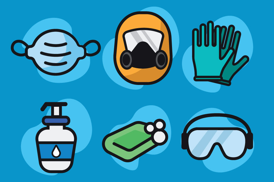 Graphic showing items designed to keep people safe during a pandemic including mask, soap, rubber gloves, goggles, sanitizer